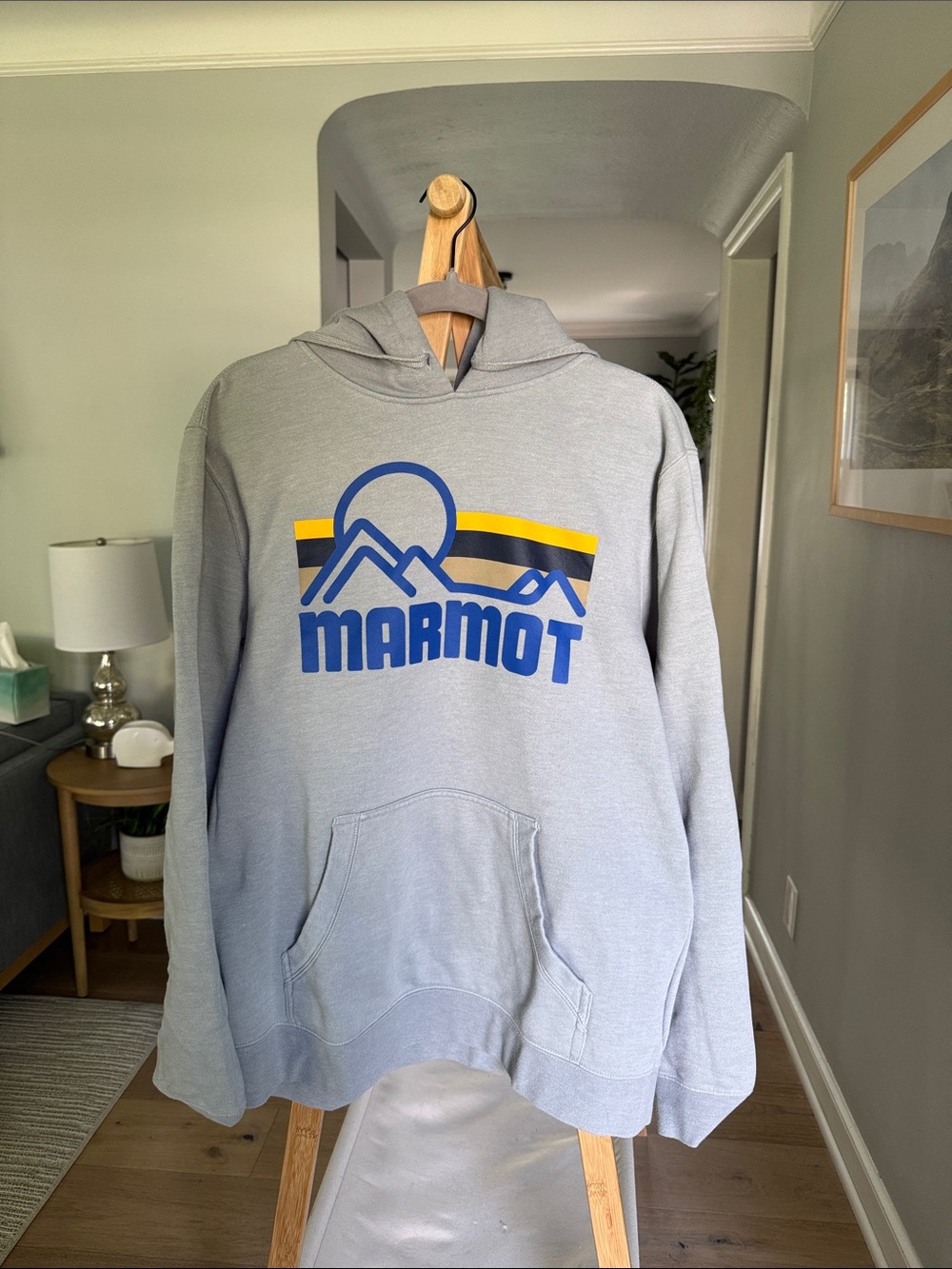 Marmot Light Gray Crewneck Hoodie with Blue and Yellow Logo